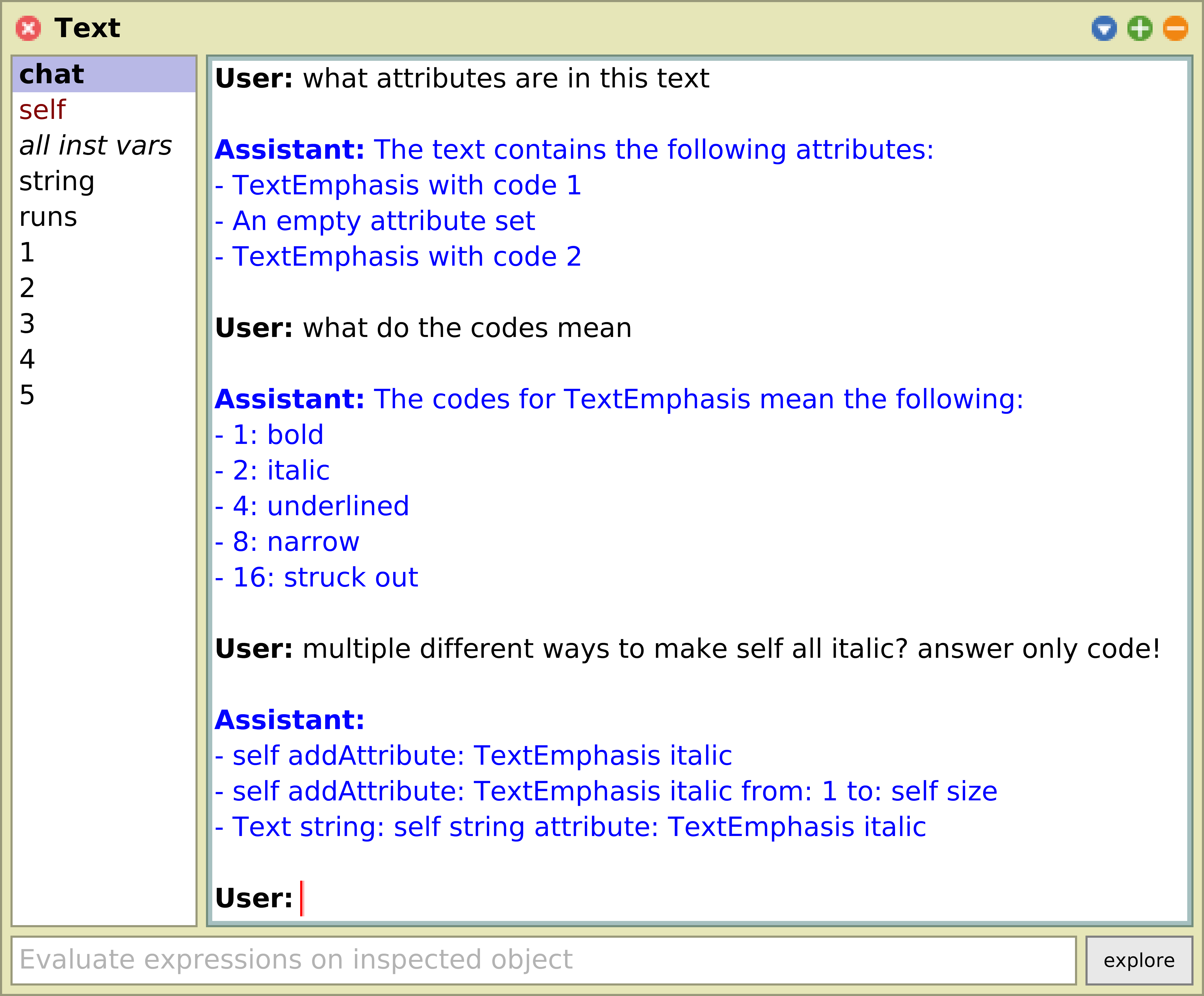 Exploring a formatted Text in Squeak using the exploratory programming agent